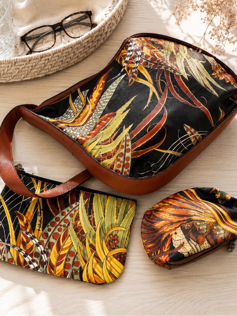 3 piece Salvatore Ferragamo Crossbody Bag with pochette and mini pouch.